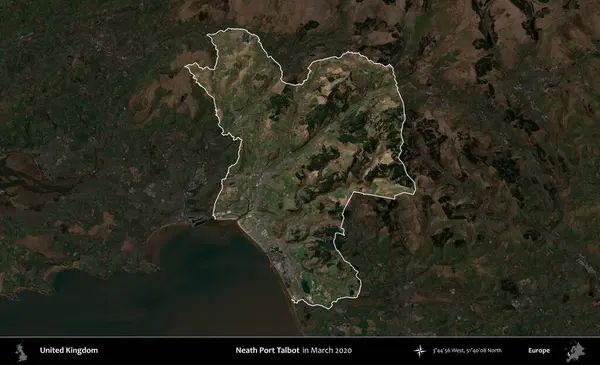 Talbot Limanı 'nın yanında. Birleşik Krallık 'ın idari alanı, Mart 2020' de çekilen Kopernik Nöbetçi karolarından oluşan koyu renkli bir uydu görüntüsü üzerinde vurgulandı ve özetlendi.