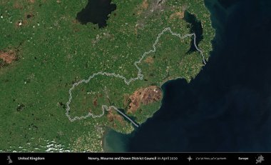 Newry, Mourne ve Down Bölge Konseyi. Nisan 2020 'de çekilen Kopernik Nöbetçi karolarından oluşan bir uydu görüntüsü üzerinde Birleşik Krallık' ın idari alanının ana hatlarını belirledik.