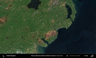 Newry, Mourne ve Down Bölge Konseyi. Nisan 2020 'de çekilen Kopernik Nöbetçi karolarından oluşan bir uydu görüntüsü üzerinde Birleşik Krallık' ın idari alanı