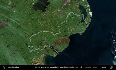 Newry, Mourne ve Down Bölge Konseyi. Eylül 2020 'de çekilen Kopernik Nöbetçi karolarından oluşan bir uydu görüntüsü üzerinde Birleşik Krallık' ın idari bölgesini özetledik.