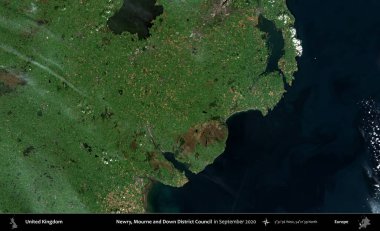 Newry, Mourne ve Down Bölge Konseyi. Eylül 2020 'de Copernicus Sentinel karolarından oluşan bir uydu görüntüsü üzerinde Birleşik Krallık' ın idari alanı