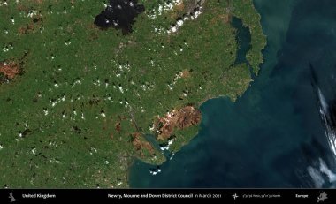 Newry, Mourne ve Down Bölge Konseyi. Mart 2021 'de çekilen Kopernik Nöbetçi karolarından oluşan bir uydu görüntüsü üzerinde Birleşik Krallık' ın idari alanı