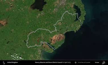 Newry, Mourne ve Down Bölge Konseyi. Nisan 2023 'te çekilen Kopernik Nöbetçi karolarından oluşan bir uydu görüntüsü üzerinde Birleşik Krallık' ın idari alanının ana hatlarını belirledik.