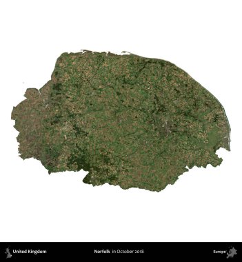 Norfolk. Birleşik Krallık 'ın idari alanı, Ekim 2018' de çekilen Kopernik Nöbetçi karolarından oluşan bir uydu görüntüsüyle beyaza izole edildi.