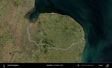 Norfolk. Ekim 2018 'de çekilen Kopernik Nöbetçi karolarından oluşan bir uydu görüntüsü üzerinde Birleşik Krallık' ın idari alanının ana hatlarını belirledik.