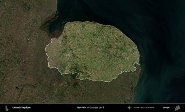 Norfolk. Birleşik Krallık 'ın idari alanı, Ekim 2018' de çekilen Kopernik Nöbetçi karolarından oluşan koyu renkli bir uydu görüntüsü üzerinde vurgulandı ve özetlendi.