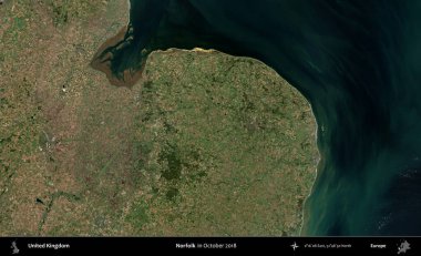Norfolk. Ekim 2018 'de çekilen Kopernik Nöbetçi karolarından oluşan bir uydu görüntüsü üzerinde Birleşik Krallık' ın idari alanı