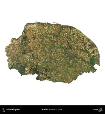 Norfolk. Birleşik Krallık 'ın idari alanı, Mart 2020' de çekilen Kopernik Nöbetçi karolarından oluşan bir uydu görüntüsü üzerinde beyaza izole edilmiştir.