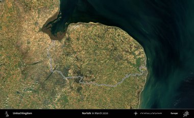 Norfolk. Mart 2020 'de çekilen Copernicus Sentinel karolarından oluşan bir uydu görüntüsü üzerinde Birleşik Krallık' ın idari bölgesinin ana hatlarını belirledik.