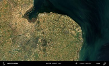Norfolk. Mart 2020 'de Copernicus Sentinel karolarından oluşan bir uydu görüntüsü üzerinde Birleşik Krallık' ın idari alanı