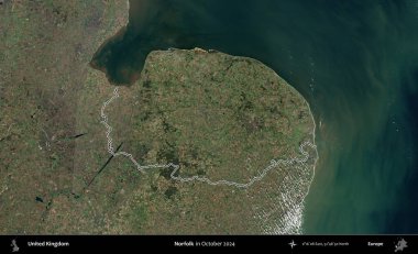 Norfolk. Ekim 2024 'te çekilen Kopernik Nöbetçi karolarından oluşan bir uydu görüntüsü üzerinde Birleşik Krallık' ın idari bölgesinin ana hatlarını belirledik.