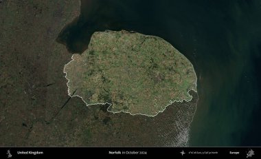 Norfolk. Birleşik Krallık 'ın idari alanı, Ekim 2024' te çekilen Kopernik Nöbetçi karolarından oluşan koyu renkli bir uydu görüntüsü üzerinde vurgulandı ve özetlendi.