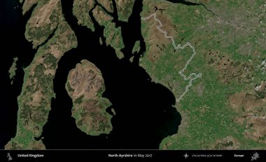 Kuzey Ayrshire. Mayıs 2017 'de çekilen Copernicus Sentinel karolarından oluşan bir uydu görüntüsü üzerinde Birleşik Krallık' ın idari bölgesinin ana hatlarını belirledik.