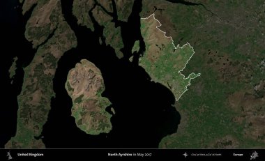 Kuzey Ayrshire. Birleşik Krallık 'ın idari alanı, Mayıs 2017' de çekilen Kopernik Nöbetçi karolarından oluşan koyu renkli bir uydu görüntüsü üzerinde vurgulandı ve özetlendi.