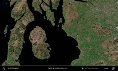 Kuzey Ayrshire. Mayıs 2017 'de Copernicus Sentinel karolarından oluşan bir uydu görüntüsü üzerinde Birleşik Krallık' ın idari alanı