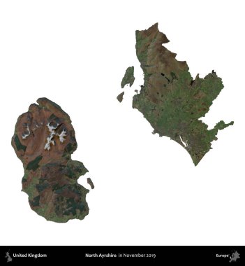 Kuzey Ayrshire. Birleşik Krallık 'ın idari alanı, Kasım 2019' da çekilen Kopernik Nöbetçi karolarından oluşan bir uydu görüntüsüyle beyaza izole edildi.