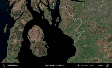 Kuzey Ayrshire. Nisan 2020 'de çekilen Kopernik Nöbetçi karolarından oluşan bir uydu görüntüsü üzerinde Birleşik Krallık' ın idari alanının ana hatlarını belirledik.
