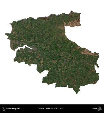 Kuzey Devon. Birleşik Krallık 'ın idari alanı, Mart 2021' de çekilen Kopernik Nöbetçi karolarından oluşan bir uydu görüntüsü üzerinde beyaza izole edilmiştir.