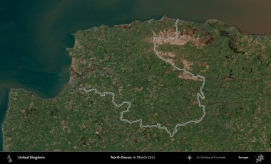 Kuzey Devon. Mart 2021 'de çekilen Copernicus Sentinel karolarından oluşan bir uydu görüntüsü üzerinde Birleşik Krallık' ın idari bölgesinin ana hatlarını belirledik.