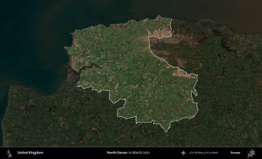 Kuzey Devon. Birleşik Krallık 'ın idari alanı, Mart 2021' de çekilen Kopernik Nöbetçi karolarından oluşan koyu renkli bir uydu görüntüsü üzerinde vurgulandı ve özetlendi.