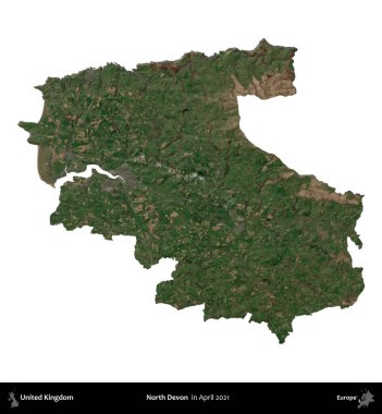 Kuzey Devon. Birleşik Krallık 'ın idari alanı, Nisan 2021' de çekilen Kopernik Nöbetçi karolarından oluşan bir uydu görüntüsü üzerinde beyaza izole edilmiştir.
