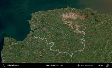 Kuzey Devon. Nisan 2021 'de çekilen Kopernik Nöbetçi karolarından oluşan bir uydu görüntüsü üzerinde Birleşik Krallık' ın idari bölgesinin ana hatlarını belirledik.
