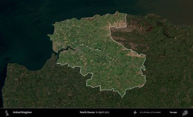 Kuzey Devon. Birleşik Krallık 'ın idari alanı, Nisan 2021' de çekilen Kopernik Nöbetçi karolarından oluşan koyu renkli bir uydu görüntüsü üzerinde vurgulandı ve özetlendi.