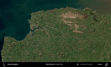Kuzey Devon. Nisan 2021 'de çekilen Kopernik Nöbetçi karolarından oluşan bir uydu görüntüsü üzerinde Birleşik Krallık' ın idari alanı