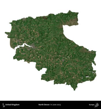 Kuzey Devon. Birleşik Krallık 'ın idari alanı, Haziran 2023' te çekilen Kopernik Nöbetçi karolarından oluşan bir uydu görüntüsü üzerinde beyaza izole edilmiştir.