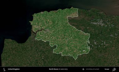 Kuzey Devon. Birleşik Krallık 'ın idari alanı, Haziran 2023' te çekilen Kopernik Nöbetçi karolarından oluşan koyu renkli bir uydu görüntüsüyle vurgulanmış ve özetlenmiştir.