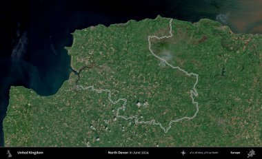 Kuzey Devon. Haziran 2024 'te çekilen Kopernik Nöbetçi karolarından oluşan bir uydu görüntüsü üzerinde Birleşik Krallık' ın idari alanının ana hatlarını belirledik.