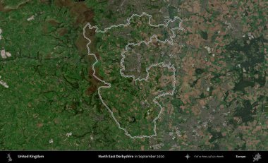 Kuzey Doğu Derbyshire. Eylül 2020 'de çekilen Kopernik Nöbetçi karolarından oluşan bir uydu görüntüsü üzerinde Birleşik Krallık' ın idari bölgesini özetledik.