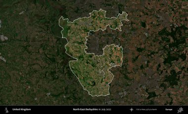 Kuzey Doğu Derbyshire. Birleşik Krallık 'ın idari alanı, Temmuz 2022' de çekilen Kopernik Nöbetçi karolarından oluşan koyu renkli bir uydu görüntüsüyle vurgulanmış ve özetlenmiştir.