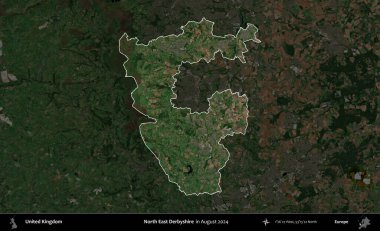 Kuzey Doğu Derbyshire. Birleşik Krallık 'ın idari alanı, Ağustos 2024' te çekilen Kopernik Nöbetçi karolarından oluşan koyu renkli bir uydu görüntüsü üzerinde vurgulandı ve özetlendi.