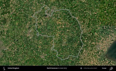 Kuzey Kesteven. Haziran 2023 'te çekilen Kopernik Nöbetçi karolarından oluşan bir uydu görüntüsü üzerinde Birleşik Krallık' ın idari alanının ana hatlarını belirledik.