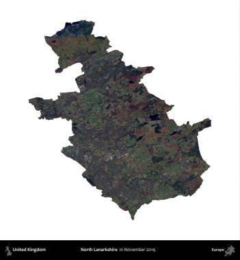 Kuzey Lanarkshire. Birleşik Krallık 'ın idari alanı, Kasım 2019' da çekilen Kopernik Nöbetçi karolarından oluşan bir uydu görüntüsüyle beyaza izole edildi.