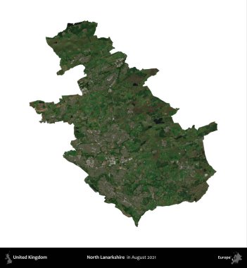 Kuzey Lanarkshire. Birleşik Krallık 'ın idari alanı, Ağustos 2021' de çekilen Kopernik Nöbetçi karolarından oluşan bir uydu görüntüsü üzerinde beyaza izole edilmiştir.