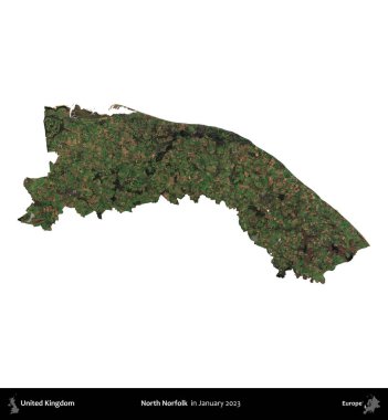 Kuzey Norfolk. Birleşik Krallık 'ın idari alanı, Copernicus Sentinel' in Ocak 2023 'te çekilen uydu görüntüsüyle beyaza izole edildi.