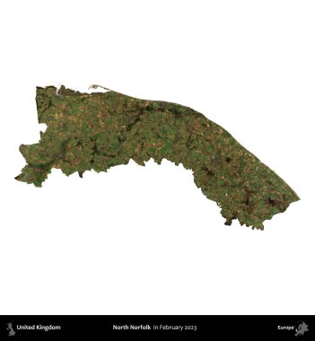 Kuzey Norfolk. Birleşik Krallık 'ın idari alanı, Şubat 2023' te çekilen Kopernik Nöbetçi karolarından oluşan bir uydu görüntüsü ile beyaza izole edilmiştir.