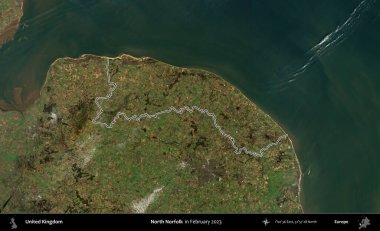 Kuzey Norfolk. Şubat 2023 'te çekilen Kopernik Nöbetçi karolarından oluşan bir uydu görüntüsü üzerinde Birleşik Krallık' ın idari bölgesinin ana hatlarını belirledik.