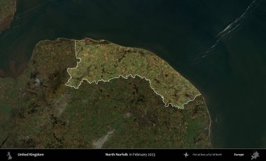 Kuzey Norfolk. Birleşik Krallık 'ın idari alanı, Şubat 2023' te çekilen Kopernik Nöbetçi karolarından oluşan koyu renkli bir uydu görüntüsü üzerinde vurgulandı ve özetlendi.