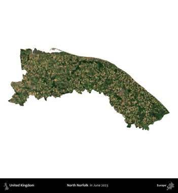 Kuzey Norfolk. Birleşik Krallık 'ın idari alanı, Haziran 2023' te çekilen Kopernik Nöbetçi karolarından oluşan bir uydu görüntüsü üzerinde beyaza izole edilmiştir.