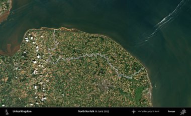Kuzey Norfolk. Haziran 2023 'te çekilen Kopernik Nöbetçi karolarından oluşan bir uydu görüntüsü üzerinde Birleşik Krallık' ın idari alanının ana hatlarını belirledik.