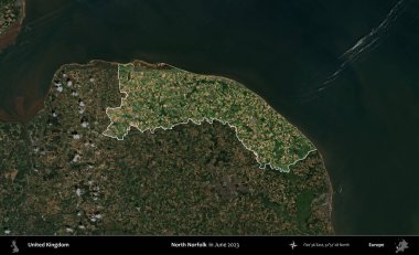 Kuzey Norfolk. Birleşik Krallık 'ın idari alanı, Haziran 2023' te çekilen Kopernik Nöbetçi karolarından oluşan koyu renkli bir uydu görüntüsüyle vurgulanmış ve özetlenmiştir.