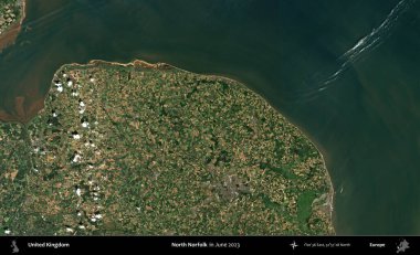 Kuzey Norfolk. Haziran 2023 'te çekilen Kopernik Nöbetçi karolarından oluşan bir uydu görüntüsü üzerinde Birleşik Krallık' ın idari alanı