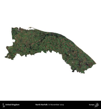 Kuzey Norfolk. Birleşik Krallık 'ın idari alanı, Kasım 2024' te çekilen Kopernik Nöbetçi karolarından oluşan bir uydu görüntüsü üzerinde beyaza izole edilmiştir.