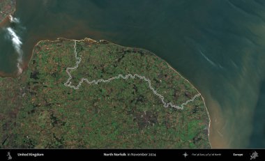 Kuzey Norfolk. Kasım 2024 'te çekilen Kopernik Nöbetçi karolarından oluşan bir uydu görüntüsü üzerinde Birleşik Krallık' ın idari bölgesinin ana hatlarını belirledik.