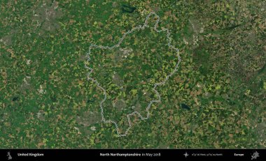 Kuzey Northamptonshire. Mayıs 2018 'de çekilen Copernicus Sentinel karolarından oluşan bir uydu görüntüsü üzerinde Birleşik Krallık' ın idari bölgesinin ana hatlarını belirledik.