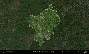 Kuzey Northamptonshire. Birleşik Krallık 'ın idari alanı, Haziran 2023' te çekilen Kopernik Nöbetçi karolarından oluşan koyu renkli bir uydu görüntüsüyle vurgulanmış ve özetlenmiştir.
