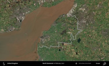 Kuzey Somerset. Şubat 2021 'de çekilen Kopernik Nöbetçi karolarından oluşan bir uydu görüntüsü üzerinde Birleşik Krallık' ın idari alanının ana hatlarını belirledik.